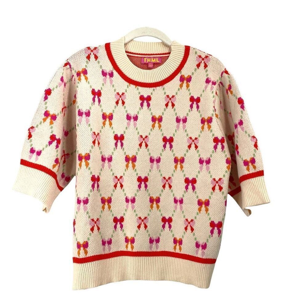 THML Pretty In Bows short sleeve knit sweater top shirt Size M coquette - Picture 3 of 9